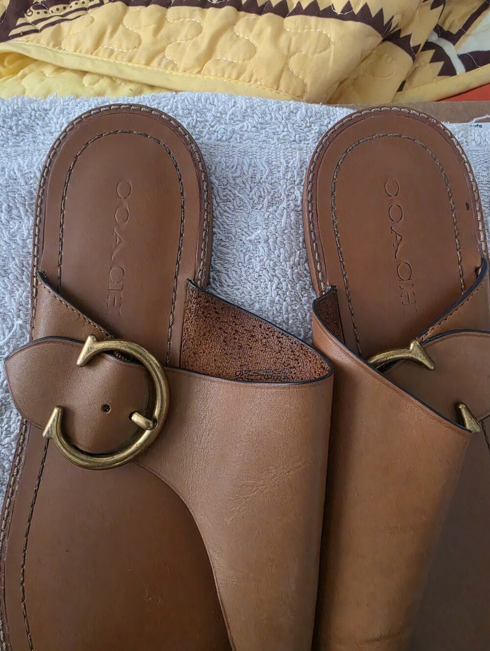 Coach Tan Leather Slide Sandals with Decorative Buckle - Picture 4 of 5